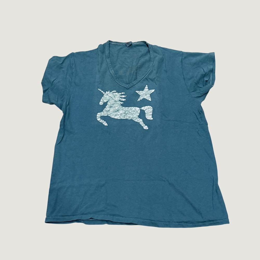 Vintage Hanes Unicorn Graphic T-Shirt Teal V-Neck Size L Retro Single Stitch